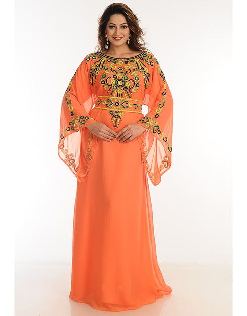 Women Orange Georgette Hand Zari Embroidery Galabiya
