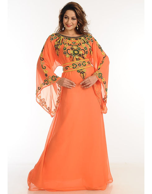 Women Orange Georgette Hand Zari Embroidery Galabiya