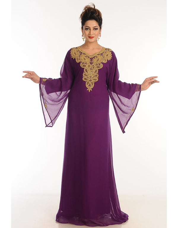 Trendy Wine Georgette Hand Zari Embroidery Galabiya