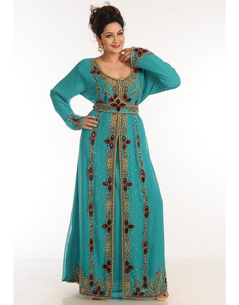 Modern Teal Georgette Hand Zari Embroidery Kaftan