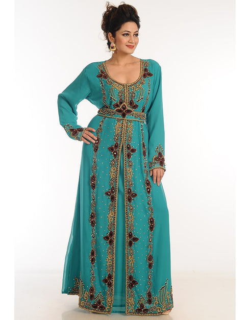 Modern Teal Georgette Hand Zari Embroidery Kaftan
