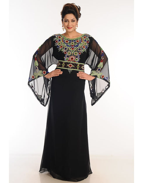 Dubai Black Georgette Hand Zari Embroidery Galabiya