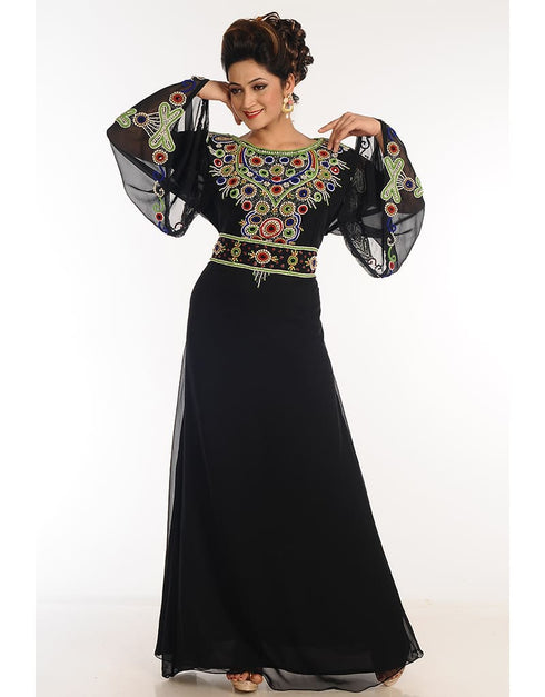 Dubai Black Georgette Hand Zari Embroidery Galabiya