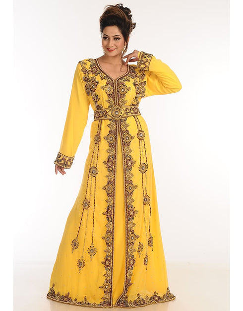 Muslim Yellow Georgette Hand Zari Embroidery Kaftan