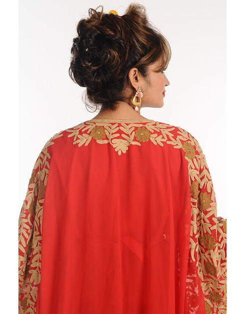 Islamic Red Georgette Hand Zari Embroidery Farasha