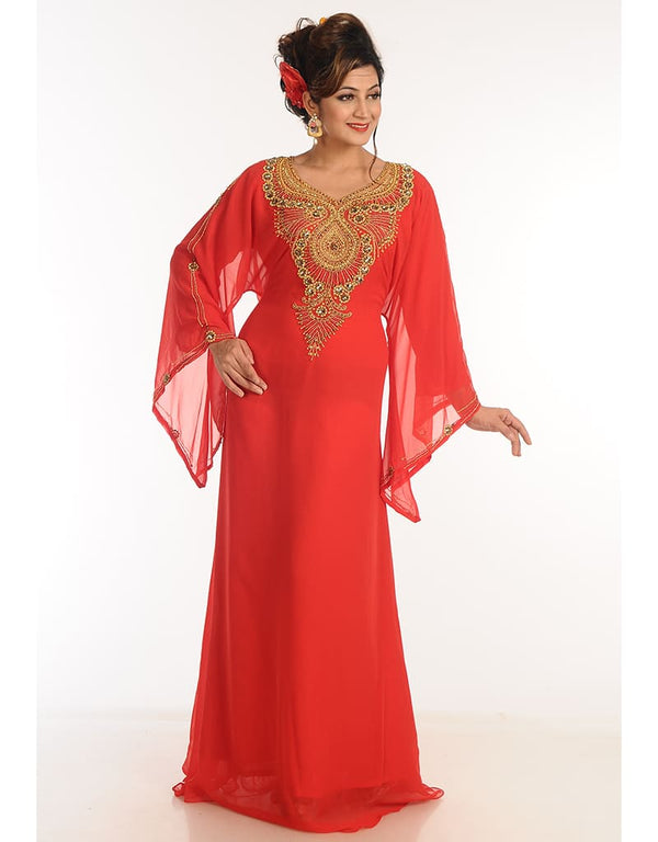 Arabic Red Georgette Hand Zari Embroidery Galabiya