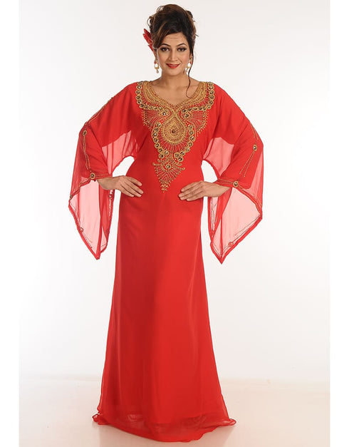 Arabic Red Georgette Hand Zari Embroidery Galabiya