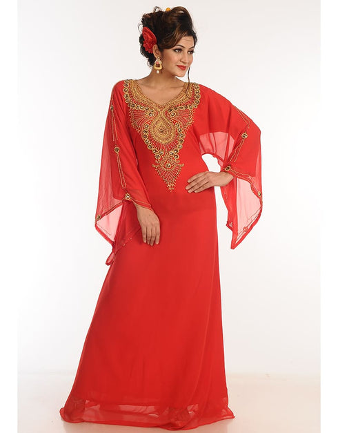 Arabic Red Georgette Hand Zari Embroidery Galabiya