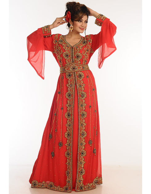 Women Red Georgette Hand Zari Embroidery Kaftan