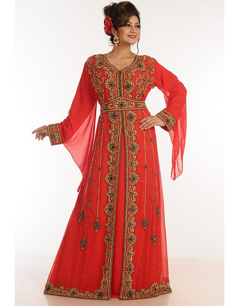Women Red Georgette Hand Zari Embroidery Kaftan