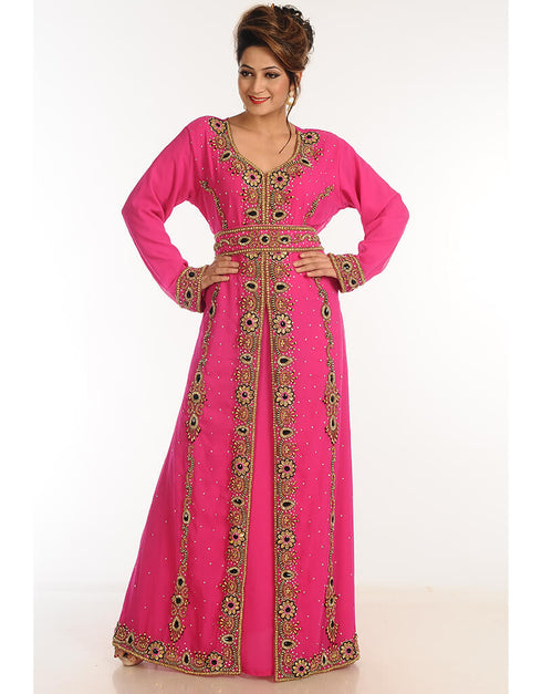 Muslimah Rani Pink Georgette Hand Zari Embroidery Kaftan