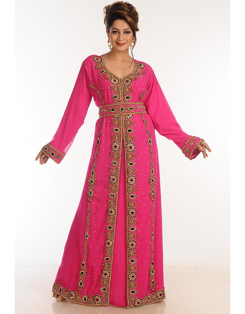 Muslimah Rani Pink Georgette Hand Zari Embroidery Kaftan
