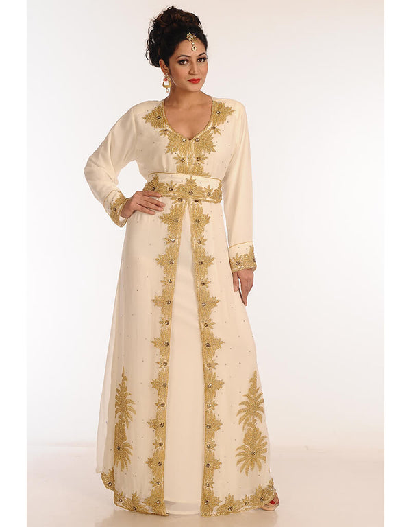 Modern Off White Georgette Hand Zari Embroidery Kaftan
