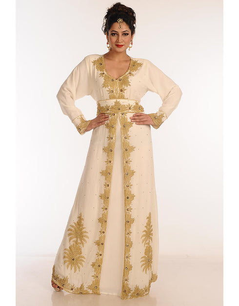 Modern Off White Georgette Hand Zari Embroidery Kaftan