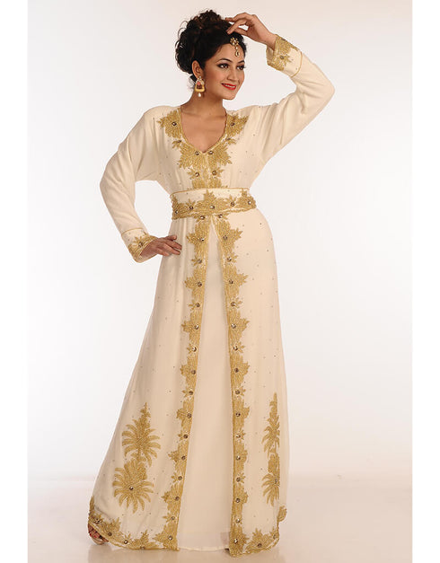 Modern Off White Georgette Hand Zari Embroidery Kaftan