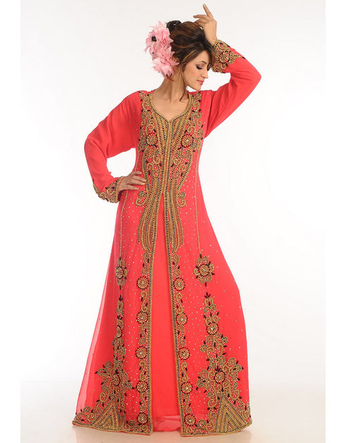 Dubai Peach Georgette Hand Zari Embroidery Kaftan