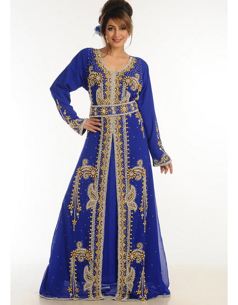 Muslim Blue Georgette Hand Zari Embroidery Kaftan