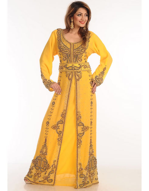 Islamic Yellow Georgette Hand Zari Embroidery Kaftan
