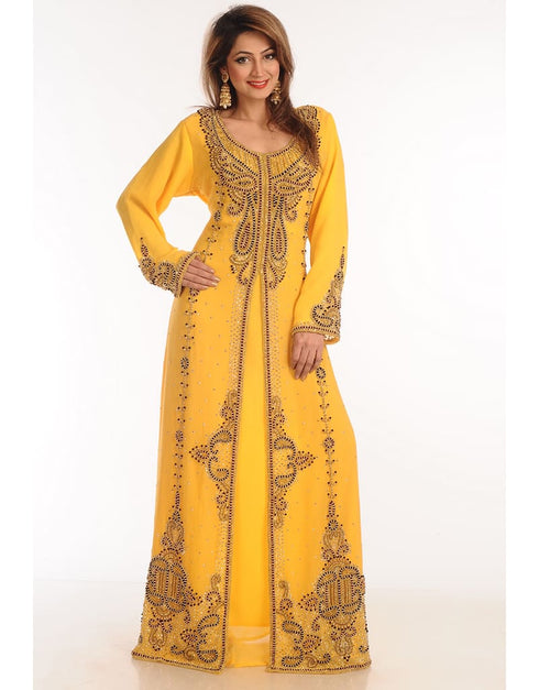 Islamic Yellow Georgette Hand Zari Embroidery Kaftan
