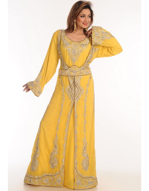 Dubai Yellow Georgette Hand Zari Embroidery Kaftan