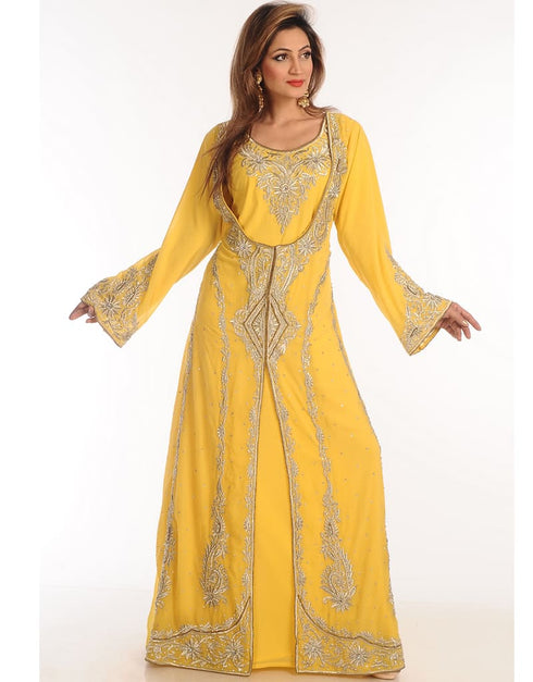 Dubai Yellow Georgette Hand Zari Embroidery Kaftan