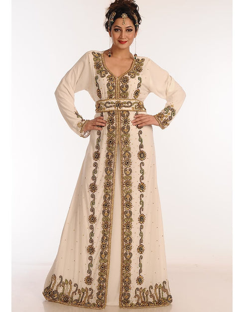Muslim Off White Georgette Hand Zari Embroidery Kaftan