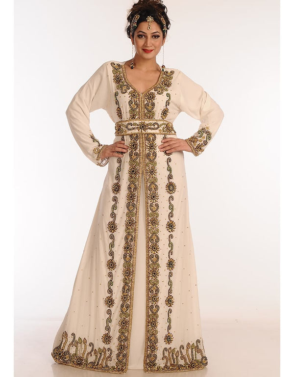 Muslim Off White Georgette Hand Zari Embroidery Kaftan