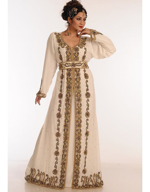 Muslim Off White Georgette Hand Zari Embroidery Kaftan