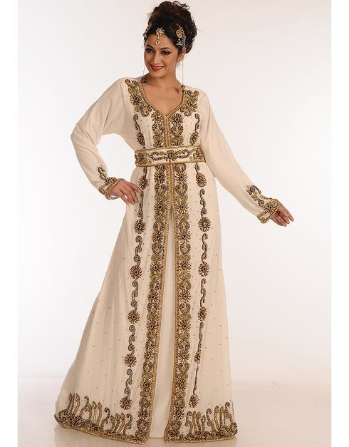 Muslim Off White Georgette Hand Zari Embroidery Kaftan