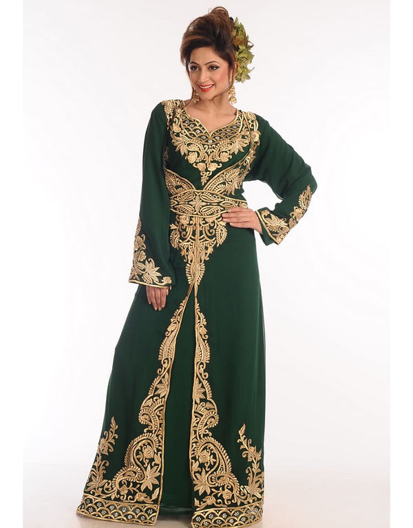 Modest Bottle Green Georgette Hand Zari Embroidery Kaftan