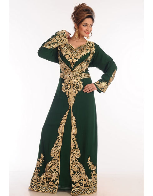 Modest Bottle Green Georgette Hand Zari Embroidery Kaftan
