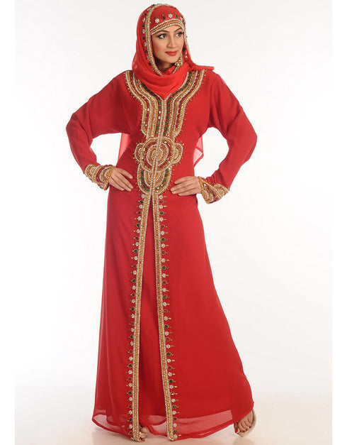 Arabic Red Georgette Hand Zari Embroidery Kaftan