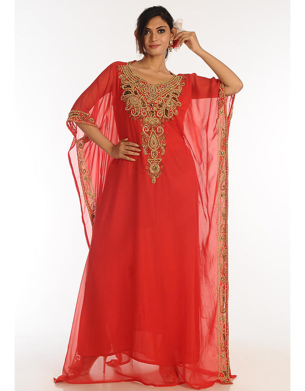 Chic Red Georgette Hand Zari Embroidery Farasha