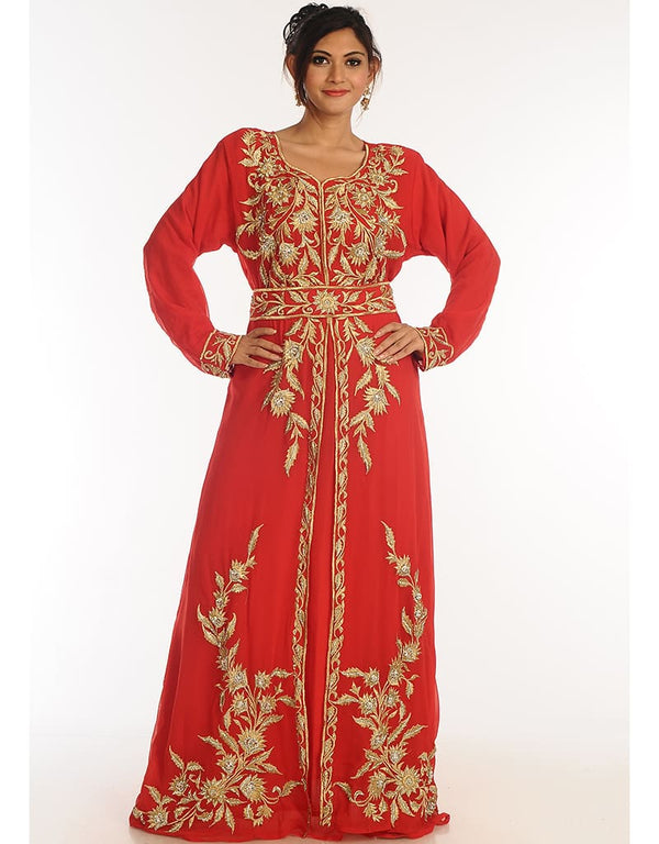 Trendy Red Georgette Hand Zari Embroidery Kaftan