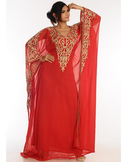 Islamic Red Georgette Hand Zari Embroidery Farasha
