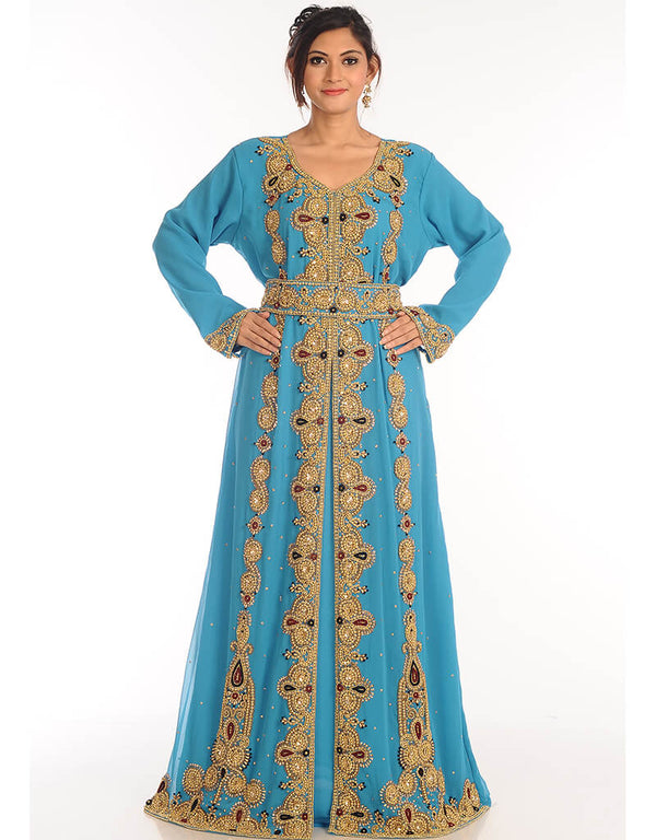 Arabic Firozi Georgette Hand Zari Embroidery Kaftan