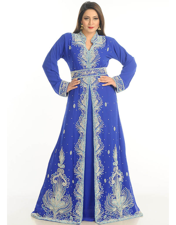 Women Royal Blue Georgette Hand Zari Embroidery Kaftan