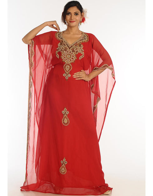 Muslimah Red Georgette Hand Zari Embroidery Farasha