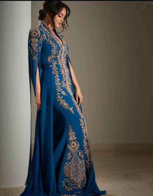 Turquoise Blue Georgette Hand Embroidery Party Wear Kaftan
