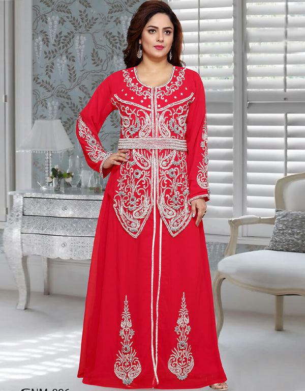 Modern Red Georgette Silver Embroidery Moroccan Kaftan