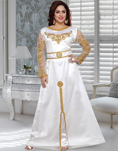 Latest White Georgette Hand Zari Golden Embroidery Kaftan