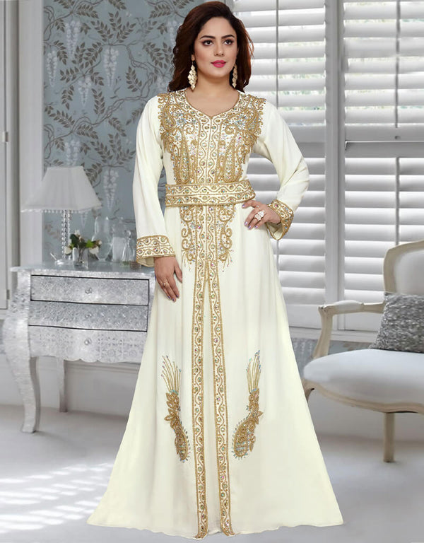 Modest White Georgette Hand Zari Golden Embroidery Moroccan Kaftan
