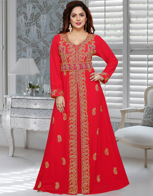 Arabic Red Golden embroidery Worked Moroccan Kaftan
