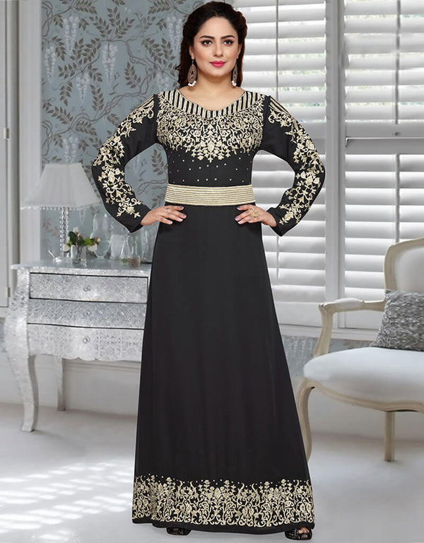 Women Black Georgette Hand Zari Embroidery Dubai Kaftan