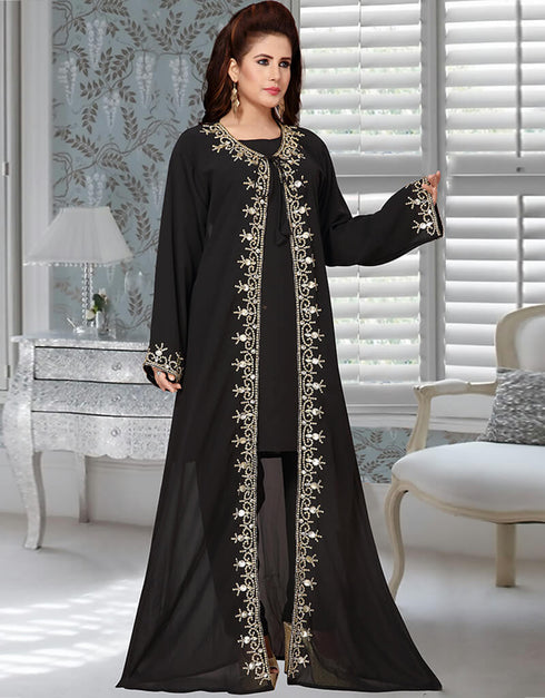 Muslim Black Full Sleeve Jacket Style Kaftan With Bottom