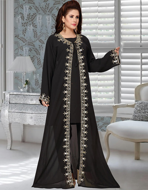 Muslim Black Full Sleeve Jacket Style Kaftan With Bottom