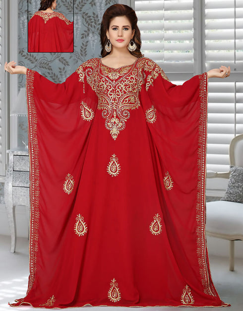 Modest Red Heavy Embroidery Worked Georgette Farasha
