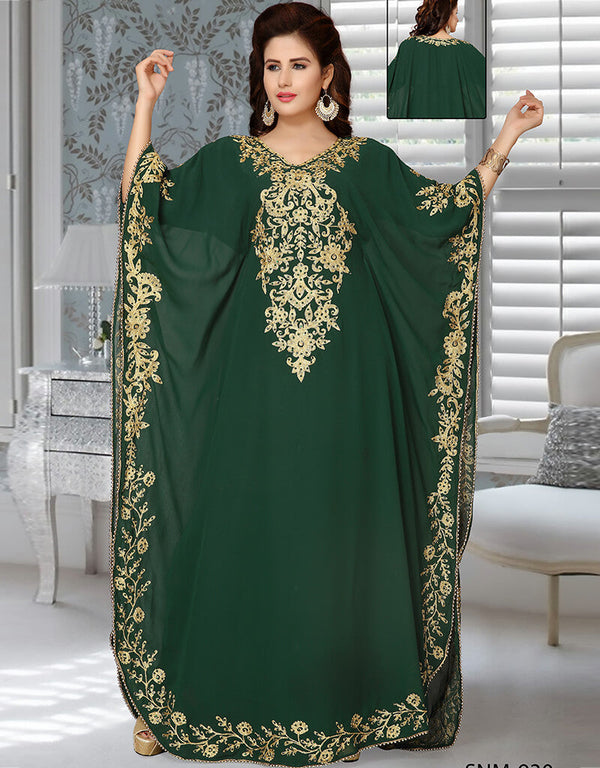 Arabic Green Heavy Embroidery Georgette Farasha