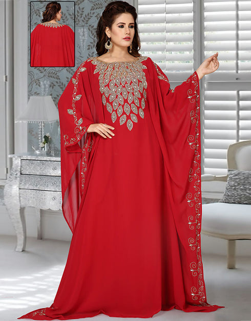 Dubai Red Georgette Hand Zari Embroidery Farasha