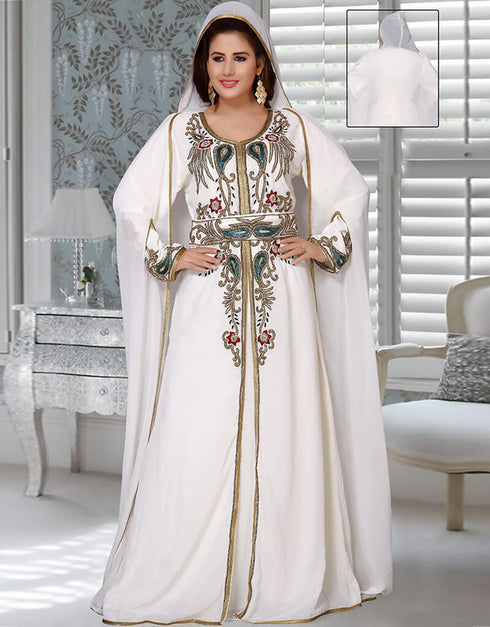 Modest White Moroccan Kaftan With Hooded Jacket